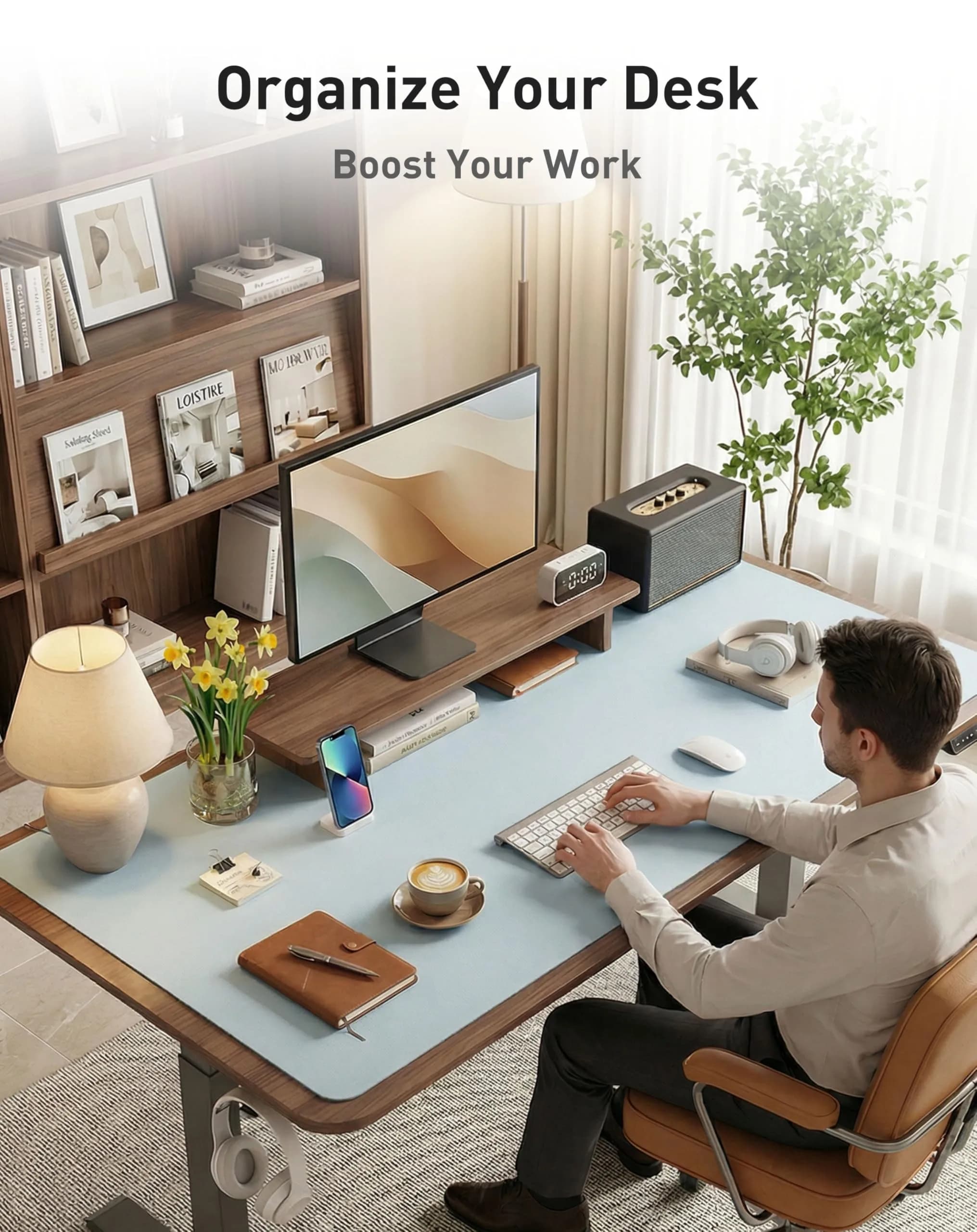 Aothia Faux Leather Desk Mat - Large Mouse Pad, Non-Slip PU Leather Blotter, Waterproof Writing Surface for Office and Home (Baby Blue, 101.6cm x 61cm) - view 3