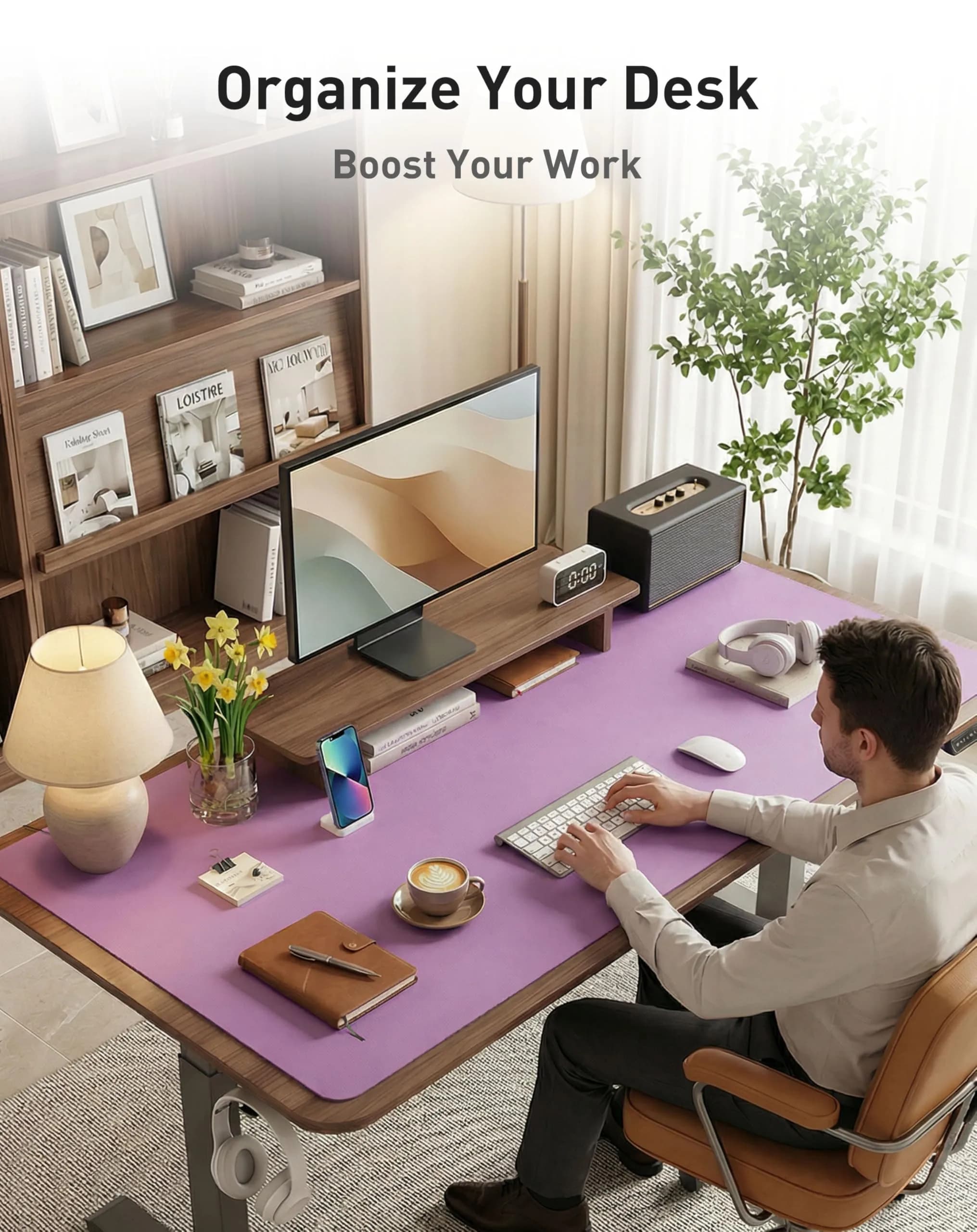 Aothia Faux Leather Desk Mat - Large Mouse Pad, Non-Slip PU Leather Blotter, Waterproof Writing Surface (Iris Violet, 102cm x 61cm) - view 3