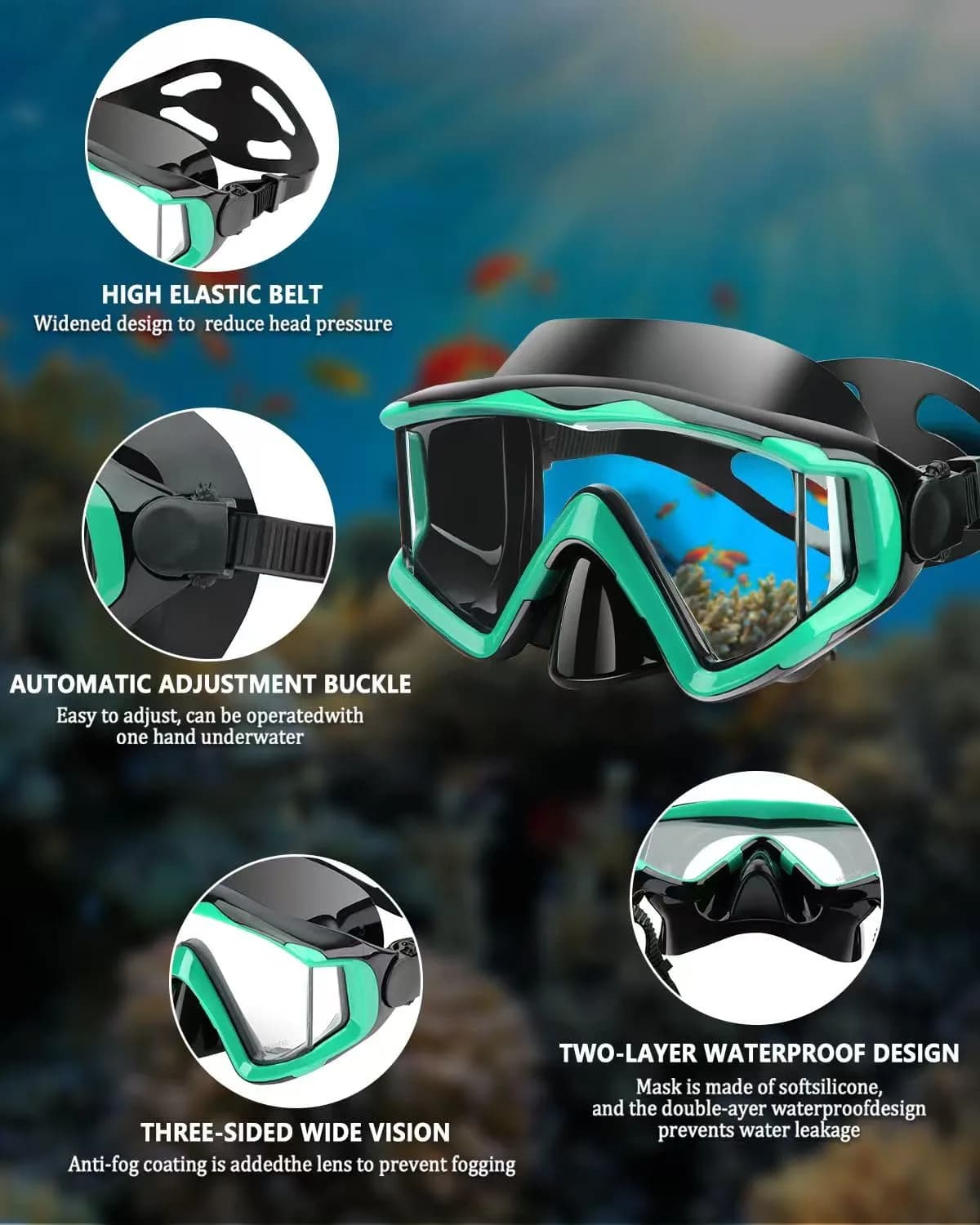 AQUA A DIVE SPORTS Green Single Lens Dive Mask | 180° Wide Field of View - view 3