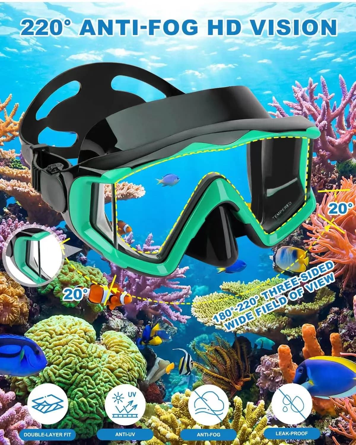 AQUA A DIVE SPORTS Green Single Lens Dive Mask | 180° Wide Field of View - view 4