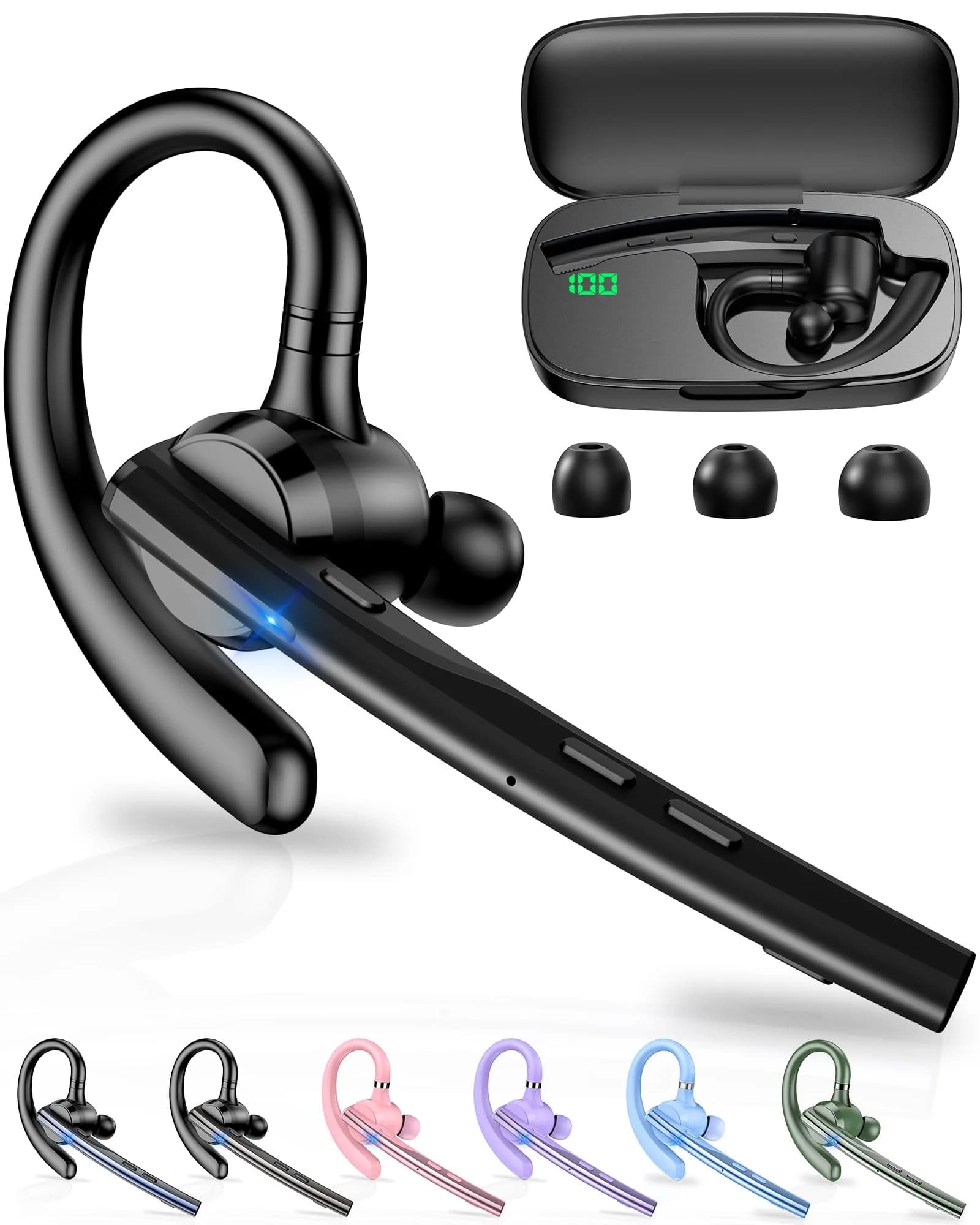New Bee M54 Bluetooth Headset V5.1 72H Talk Time Dual Mic with 500mAh Charging Case | Wireless Hands-Free Earpiece for Business Calls — Matte black