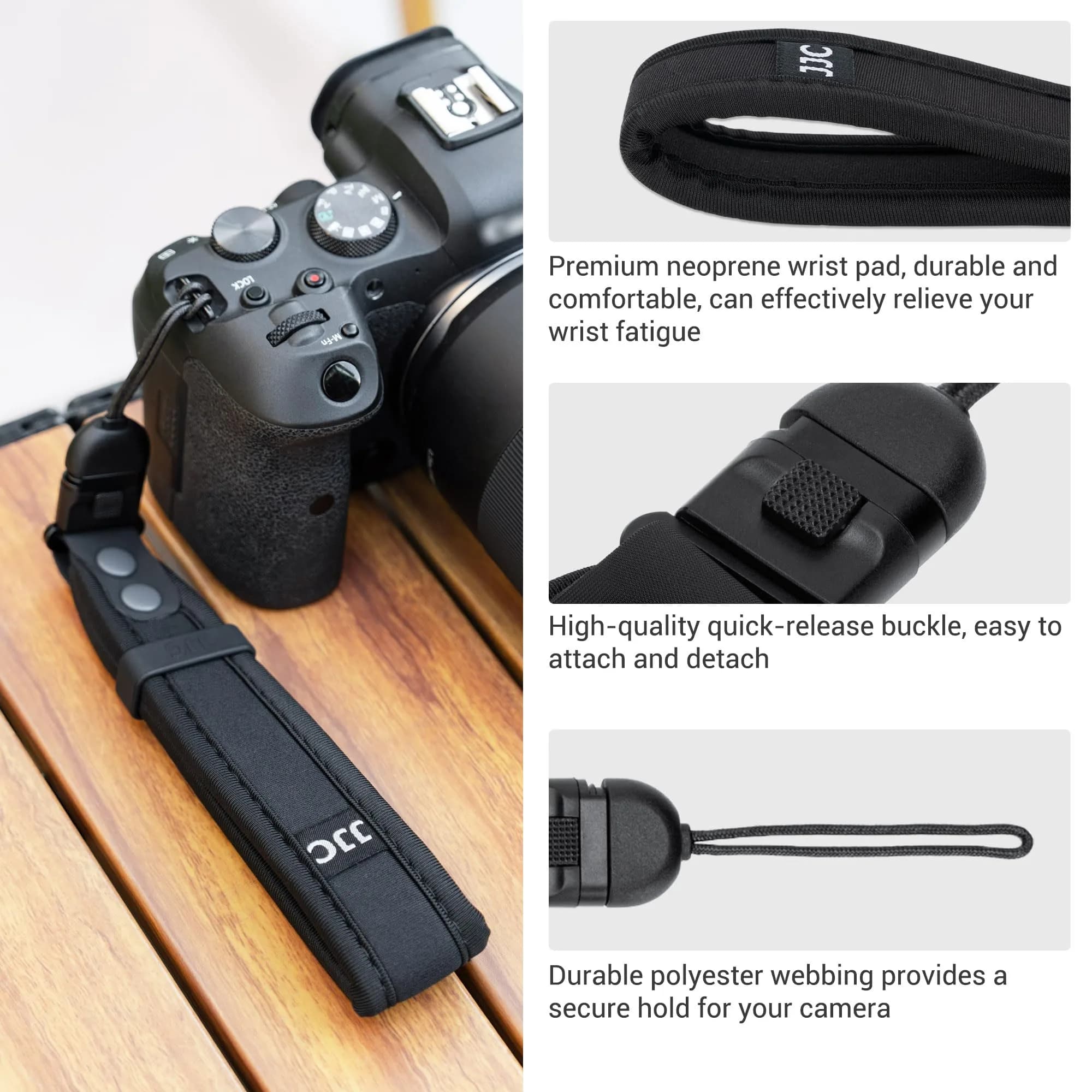 Kiorafoto Upgraded Quick Release Soft Neoprene Camera Hand Strap with Adjustable Silicone Ring | Black - view 6