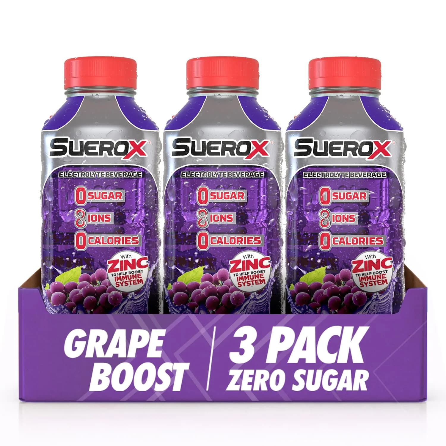 SueroX Sugar Free Electrolyte Drink, Grape Boost | Zero Sugar, Hydration & Recovery (21.3 Fl Oz, 3 Pack) - main product image