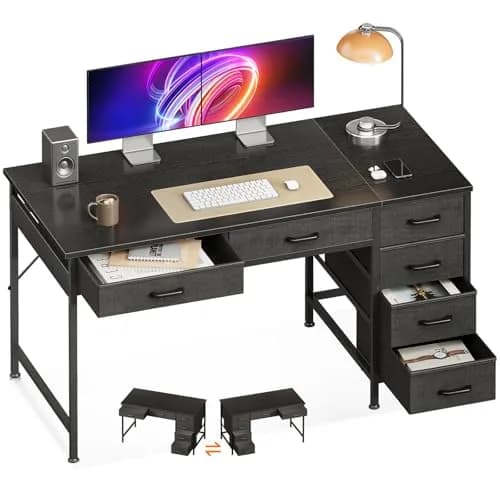 Casaottima 48 Inch Computer Desk with 6 Drawers | Reversible Storage Home Office Table in Black thumbnail 1