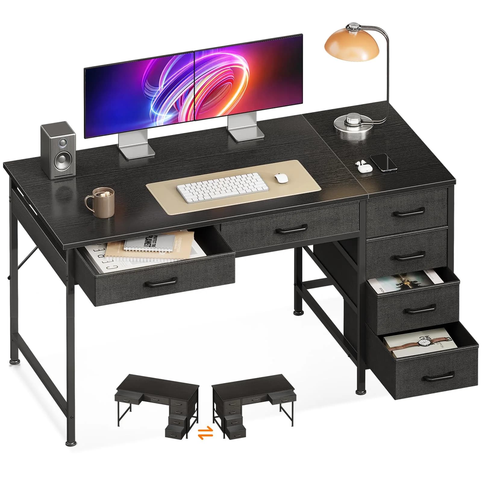 Casaottima 48 Inch Computer Desk with 6 Drawers | Reversible Storage Home Office Table in Black