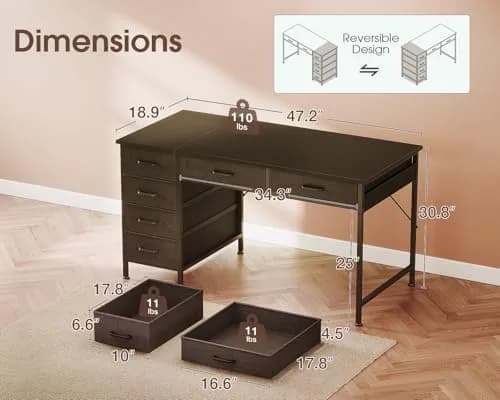 Casaottima 48 Inch Computer Desk with 6 Drawers | Reversible Storage Home Office Table in Black thumbnail 3