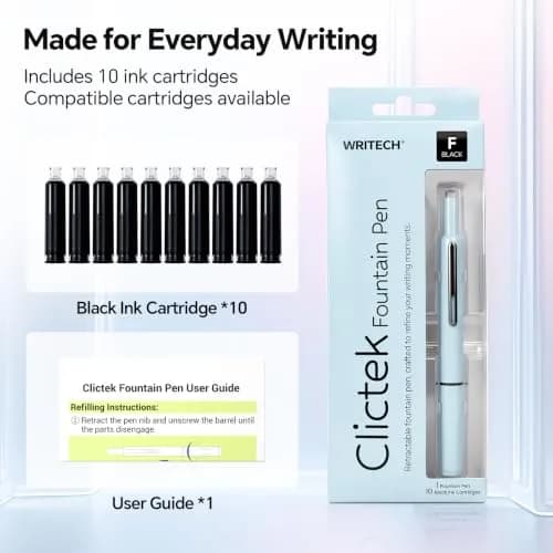 WRITECH Clictek Retractable Fountain Pen Fine Nib with 10 Black Ink Cartridges, 0.5mm Line Size | Smooth Writing for Students & Professionals thumbnail 5