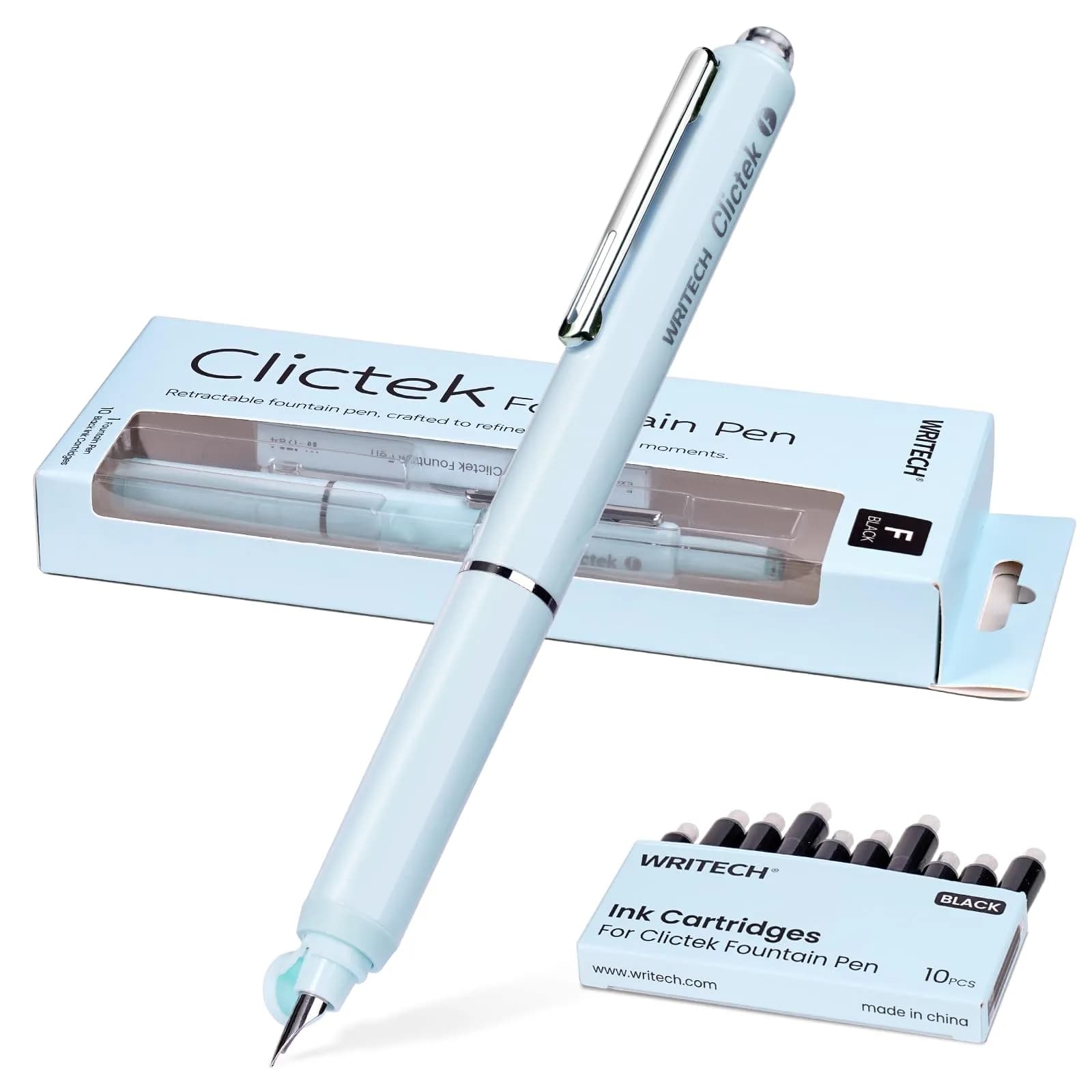 WRITECH Clictek Retractable Fountain Pen Fine Nib with 10 Black Ink Cartridges, 0.5mm Line Size | Smooth Writing for Students & Professionals - main product image