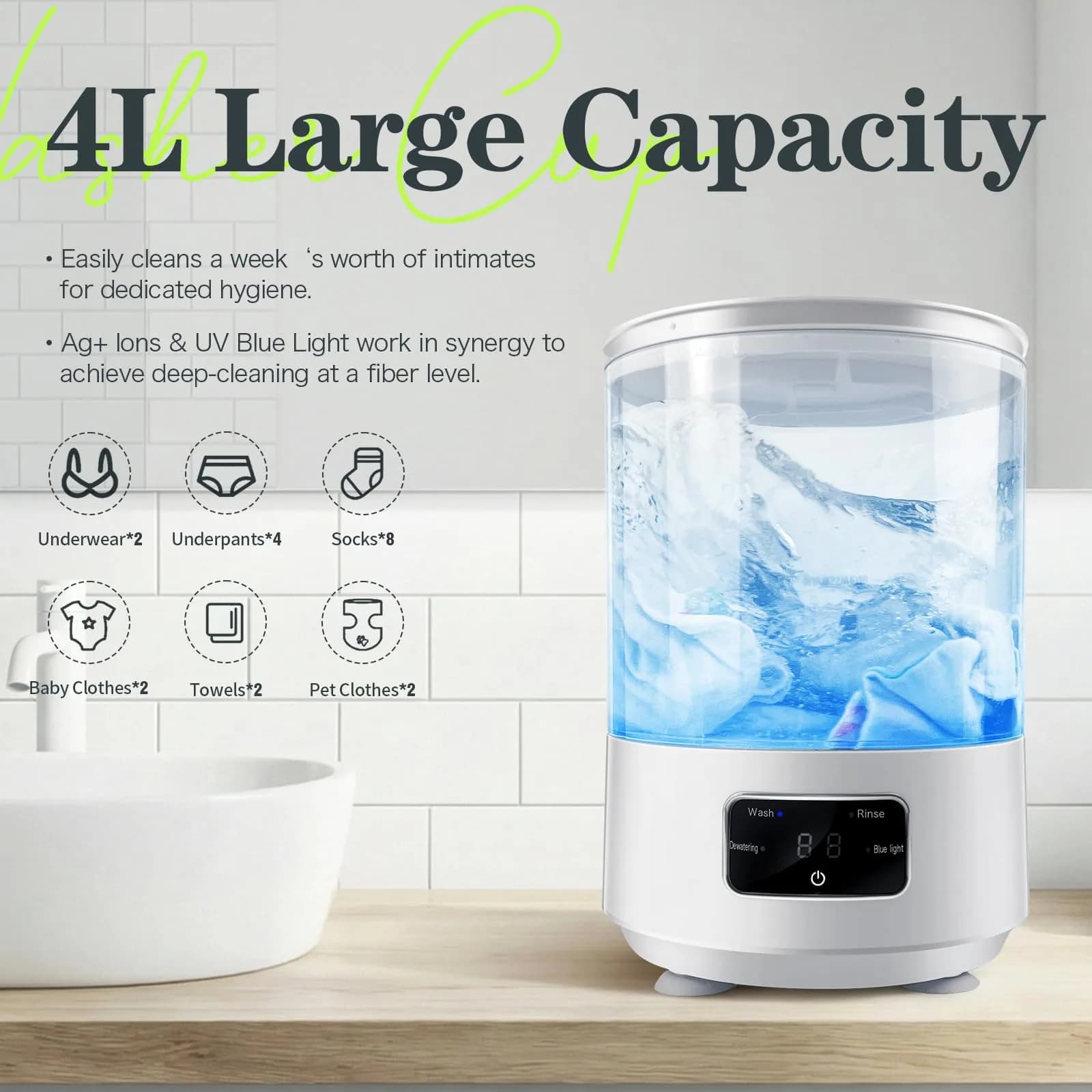 SUNHAIXIA Portable Mini Washing Machine with UV Light & Spin-Dry, 4L Capacity | 220V Compatible for Indian Homes - view 3