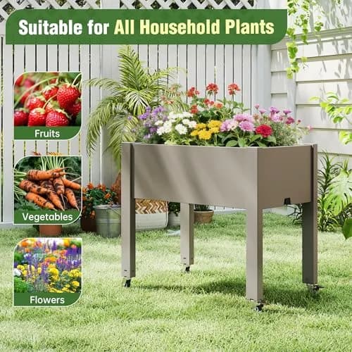 WTFGO Elevated Raised Garden Bed with Wheels, Planter Box, Gray-26.3" h | Weather-Resistant Resin Design thumbnail 5