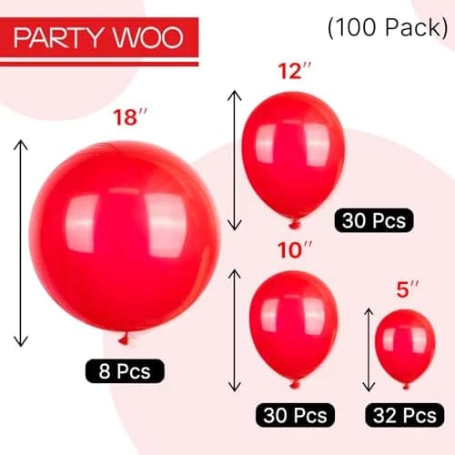 PartyWoo Red Balloons 100 pcs Assorted Sizes 5-18 Inch | Value Pack for Parties thumbnail 7