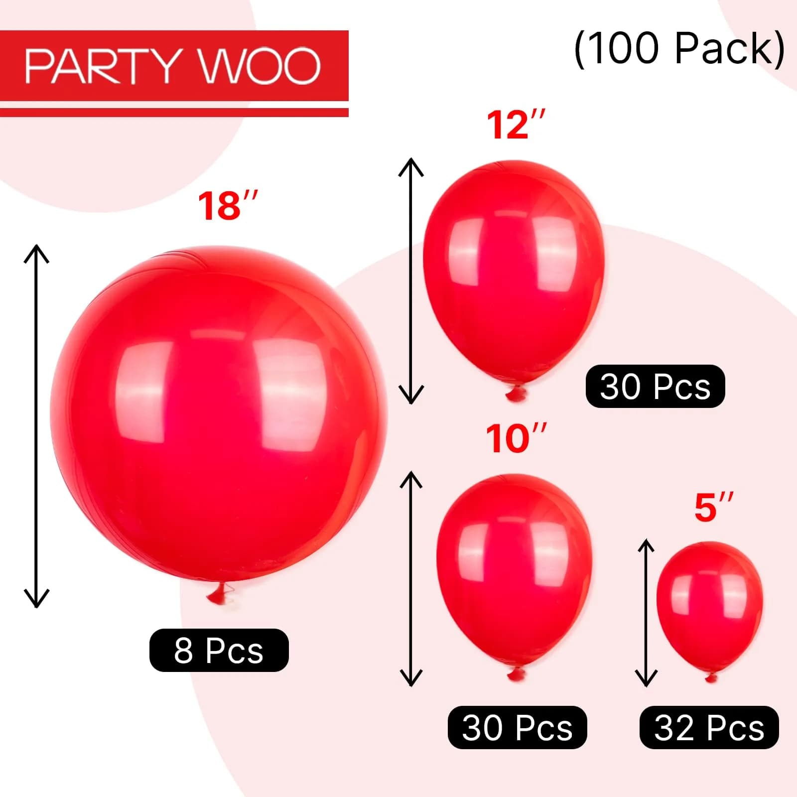 PartyWoo Red Balloons 100 pcs Assorted Sizes (5-18 Inch) Latex Arch Kit Garland | Durable for Parties - view 7