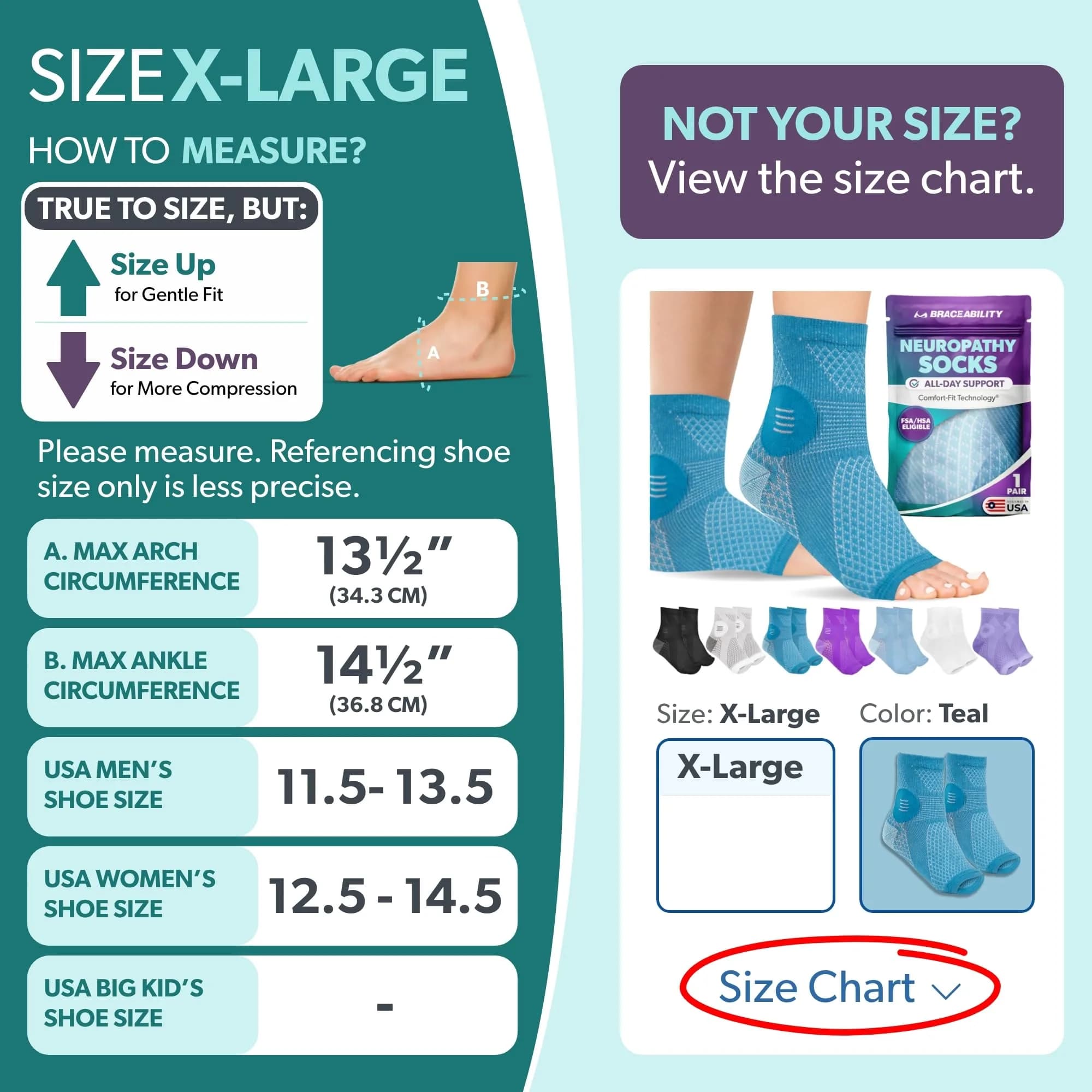 BraceAbility X-Large Teal Neuropathy Socks - 1 Pair | FDA Approved Medical Compression for Nerve Pain - view 2