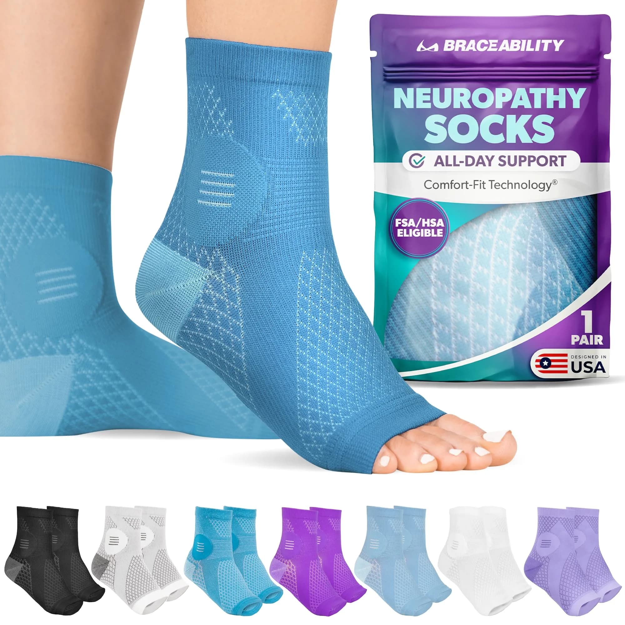 BraceAbility Neuropathy Socks (Pair) - Small Teal | FDA Approved Medical Compression Garment for Nerve Pain Relief - main product image