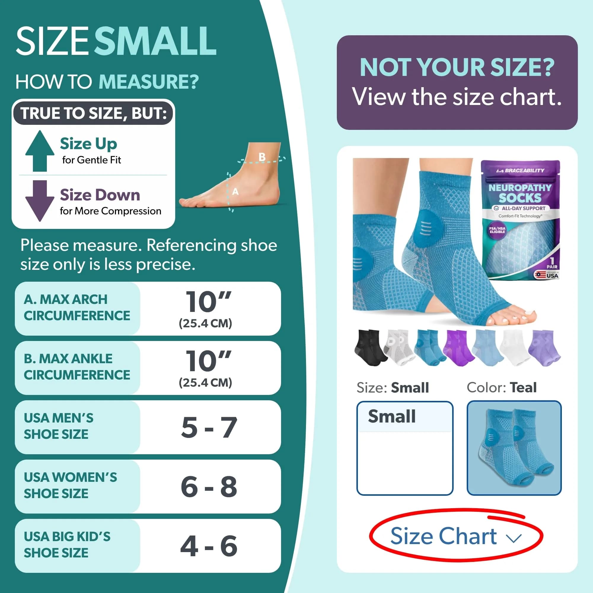 BraceAbility Neuropathy Socks (Pair) - Small Teal | FDA Approved Medical Compression Garment for Nerve Pain Relief - view 2