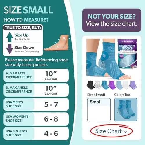 BraceAbility Neuropathy Socks (Pair) - Small Teal | FDA Approved Medical Compression Garment for Nerve Pain Relief thumbnail 2
