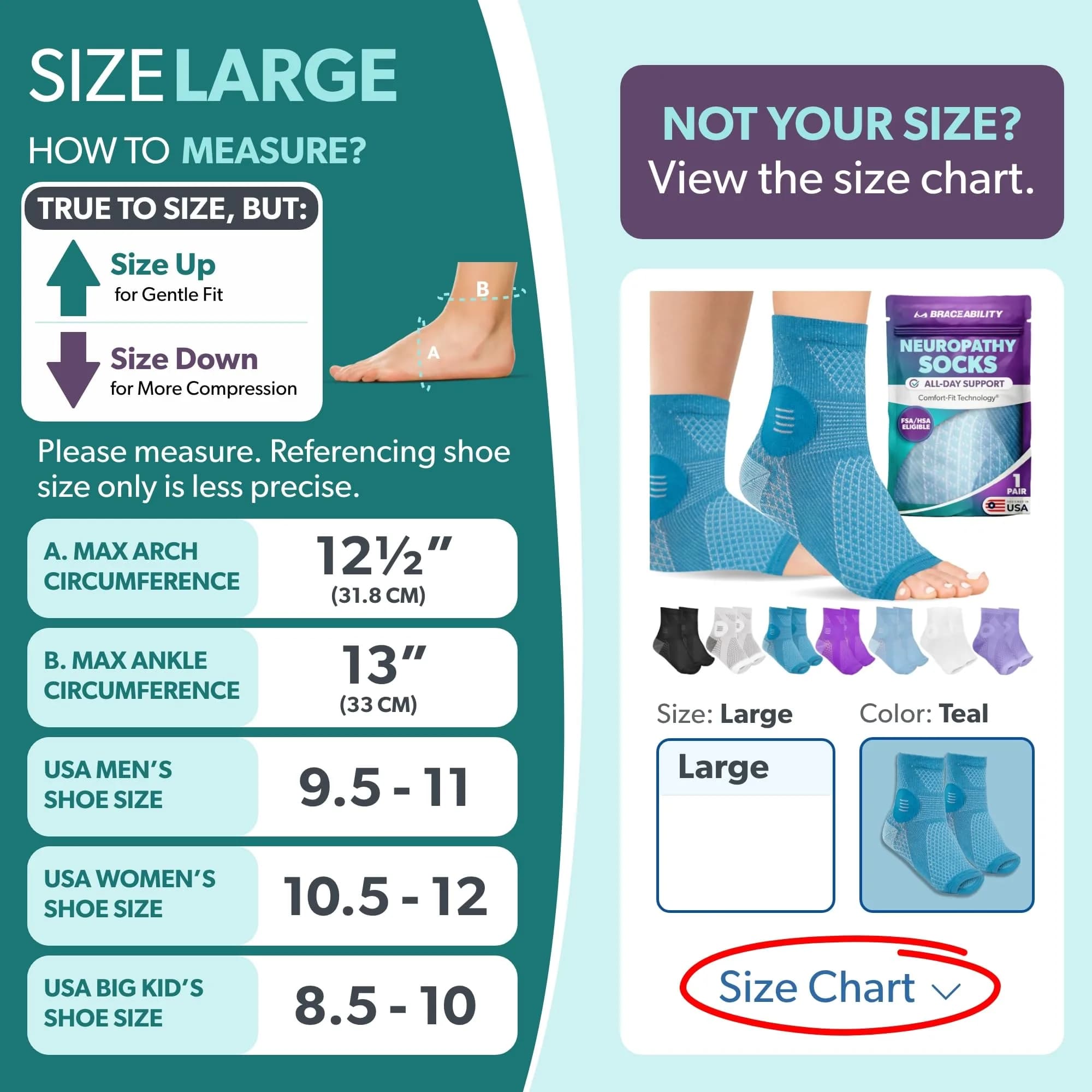 BraceAbility Neuropathy Socks - Large, Teal, 1 Pair | FDA Approved Medical Compression Garment for Nerve Pain - view 2