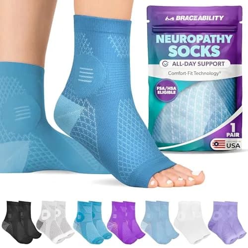 BraceAbility Neuropathy Socks (Pair) - Peripheral Neuritis Compression Diabetic Toeless Foot Sleeves for Nerve Damage Pain in Feet, Ankle Gout, Plantar Fasciitis Relief Brace for Men and Women (M - Teal) thumbnail 1