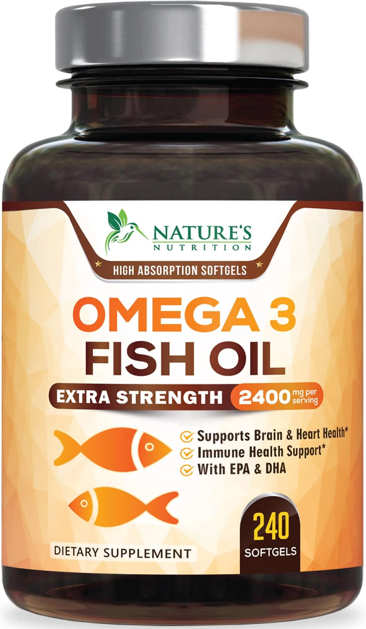 Nature's Nutrition Omega 3 Fish Oil 2400mg | Triple Strength Daily Supplement with EPA & DHA, Wild Caught, Lemon Flavor, 240 Softgels — Softgel