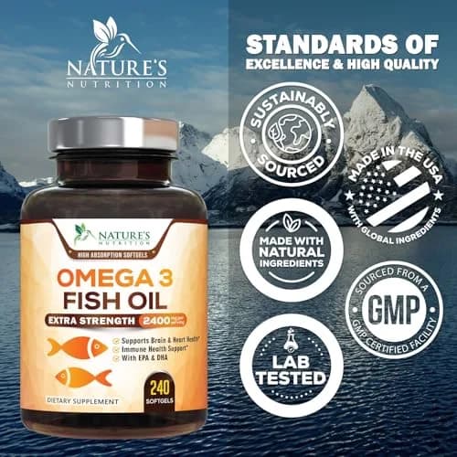 Nature's Nutrition Omega 3 Fish Oil 2400mg | Triple Strength Daily Supplement with EPA & DHA, Wild Caught, Lemon Flavor, 240 Softgels thumbnail 4