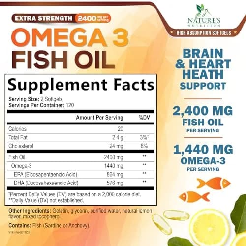 Nature's Nutrition Omega 3 Fish Oil 2400mg | Triple Strength Daily Supplement with EPA & DHA, Wild Caught, Lemon Flavor, 240 Softgels thumbnail 2