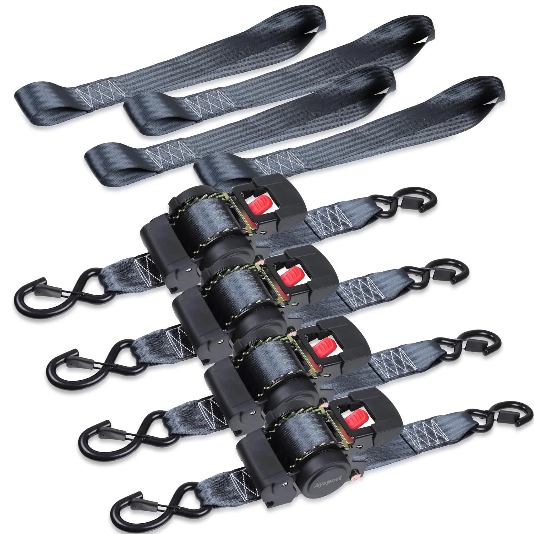 Ayaport Retractable Ratchet Straps 2.54cm x 3.81m (1" x 12.5ft) 2-Pack | Heavy Duty 544kg (1200lbs) Break Strength Tie Downs — Black