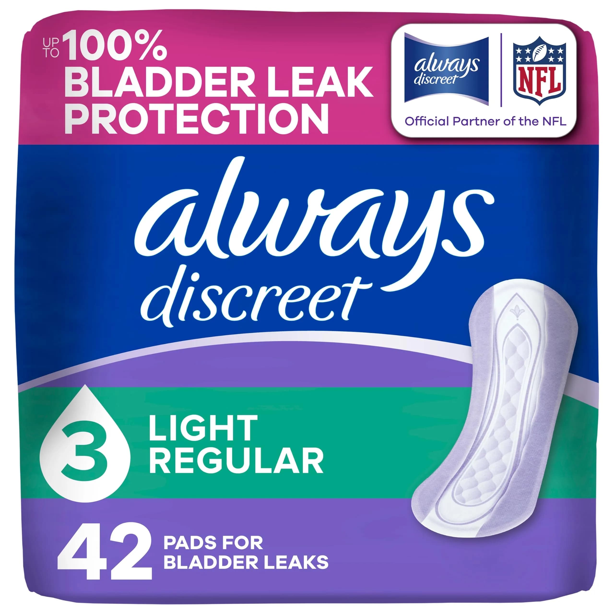 Always Discreet Adult Incontinence Pads for Women, Light Absorbency, Regular Length | Up to 100% Leak-Free Protection