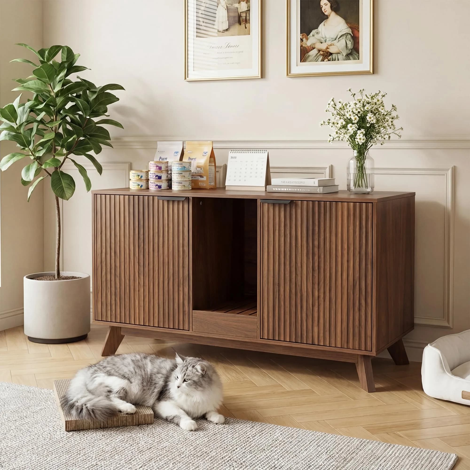 Seang Double Cat Litter Box Enclosure 47" Walnut | Multi-Functional Cat Furniture with Odor Control - main product image