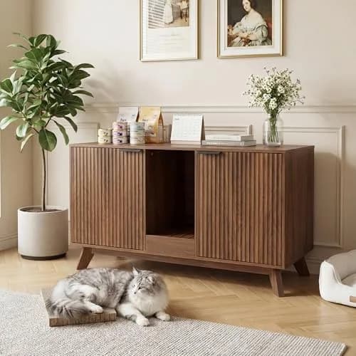 Seang Double Cat Litter Box Enclosure 47" Walnut | Multi-Functional Cat Furniture with Odor Control thumbnail 1