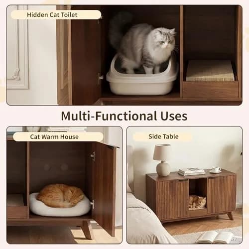 Seang Double Cat Litter Box Enclosure 47" Walnut | Multi-Functional Cat Furniture with Odor Control thumbnail 6