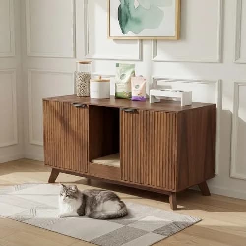 Seang Double Cat Litter Box Enclosure 47" Walnut | Multi-Functional Cat Furniture with Odor Control thumbnail 8