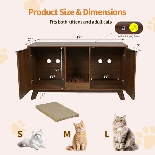Seang Double Cat Litter Box Enclosure 47" Walnut | Multi-Functional Cat Furniture with Odor Control thumbnail 2
