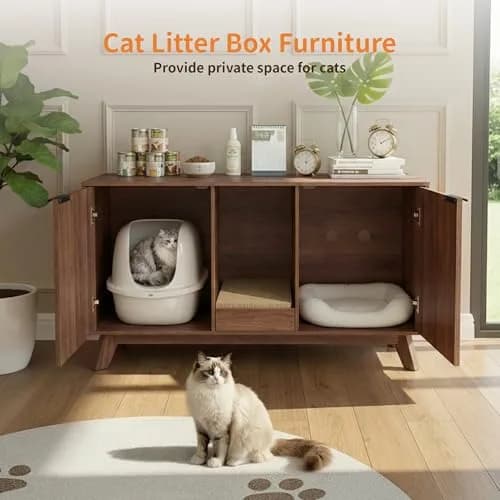 Seang Double Cat Litter Box Enclosure 47" Walnut | Multi-Functional Cat Furniture with Odor Control thumbnail 3