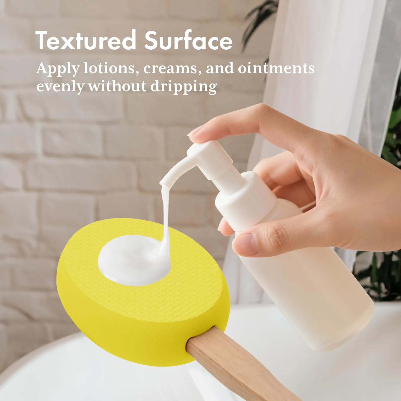 AmazerBath Lotion Applicator Lemon Yellow with 4 Replacement Pads | Curved 17" Handle for Back, Feet, Sunscreen, Medicine - view 3
