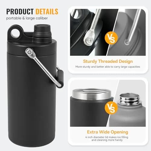 Kerilyn Insulated Half Gallon Jug with Handle, 1893ml (64oz) Stainless Steel Water Bottle | Vacuum Insulated for 48 Hrs Cold, 24 Hrs Hot, Black thumbnail 4
