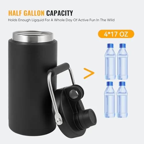 Kerilyn Insulated Half Gallon Jug with Handle, 1893ml (64oz) Stainless Steel Water Bottle | Vacuum Insulated for 48 Hrs Cold, 24 Hrs Hot, Black thumbnail 2