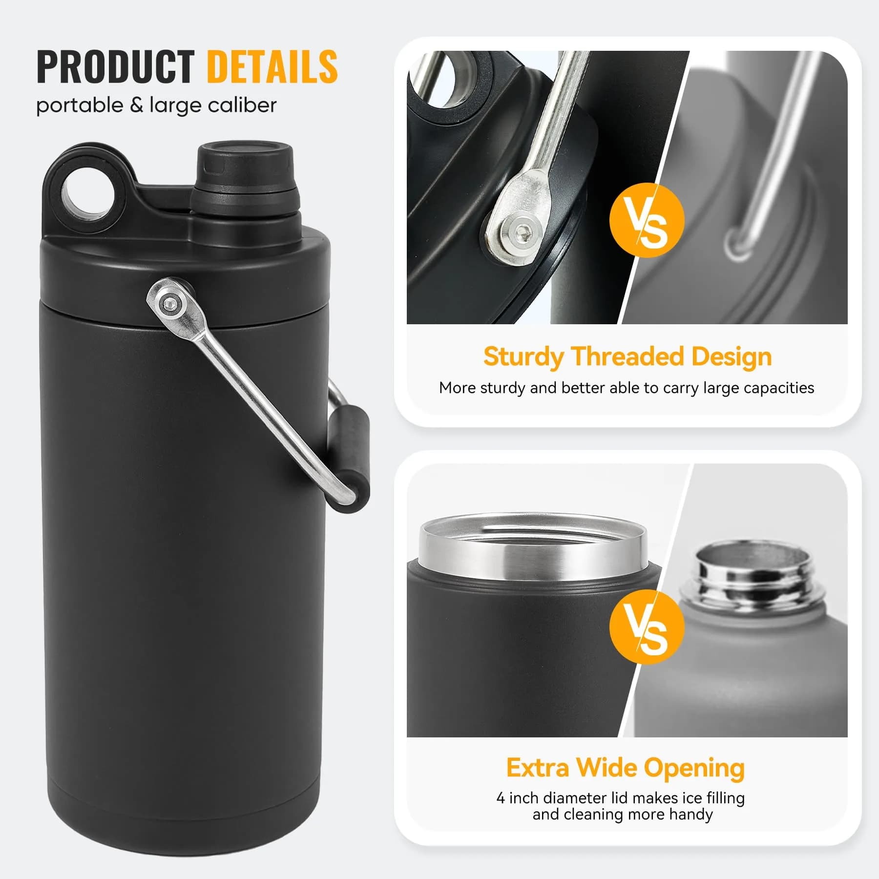 Kerilyn Insulated Half Gallon Jug with Handle, 1893ml (64oz) Stainless Steel Water Bottle | Vacuum Insulated for 48 Hrs Cold, 24 Hrs Hot, Black - view 4