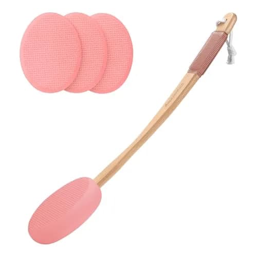 AmazerBath Lotion Applicator with 4 Replacement Pads & 17" Curved Handle | FDA Approved for Back & Feet (Apricot Red) thumbnail 1