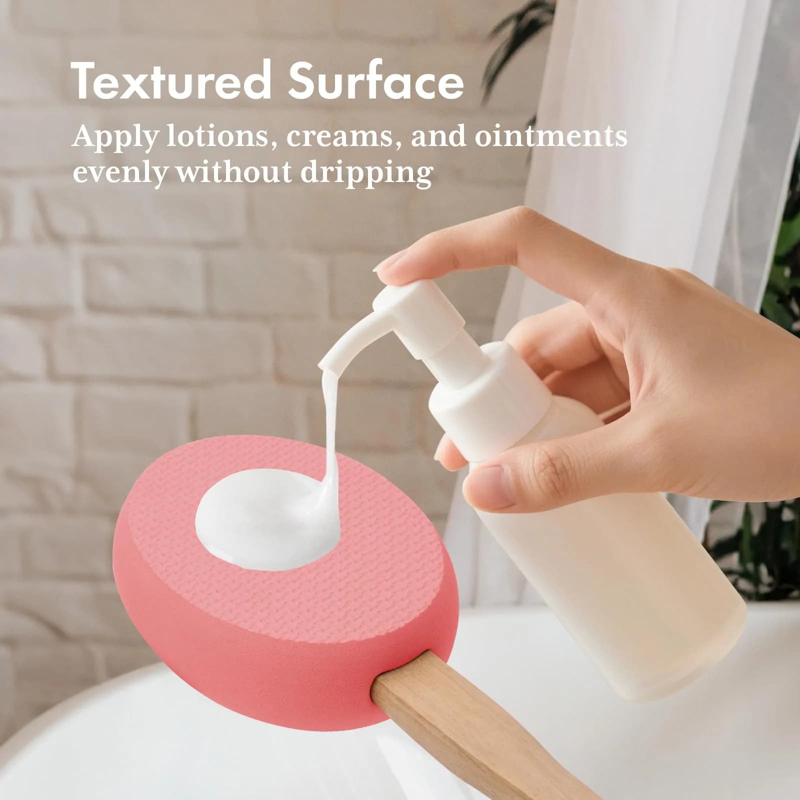 AmazerBath Lotion Applicator with 4 Replacement Pads & 17" Curved Handle | FDA Approved for Back & Feet (Apricot Red) - view 3