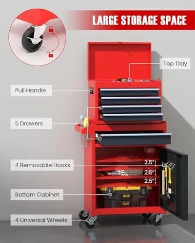 ARNOT 2-in-1 Rolling Tool Chest with 5 Drawers | Heavy-Duty Metal Storage for Garage & Workshop thumbnail 3