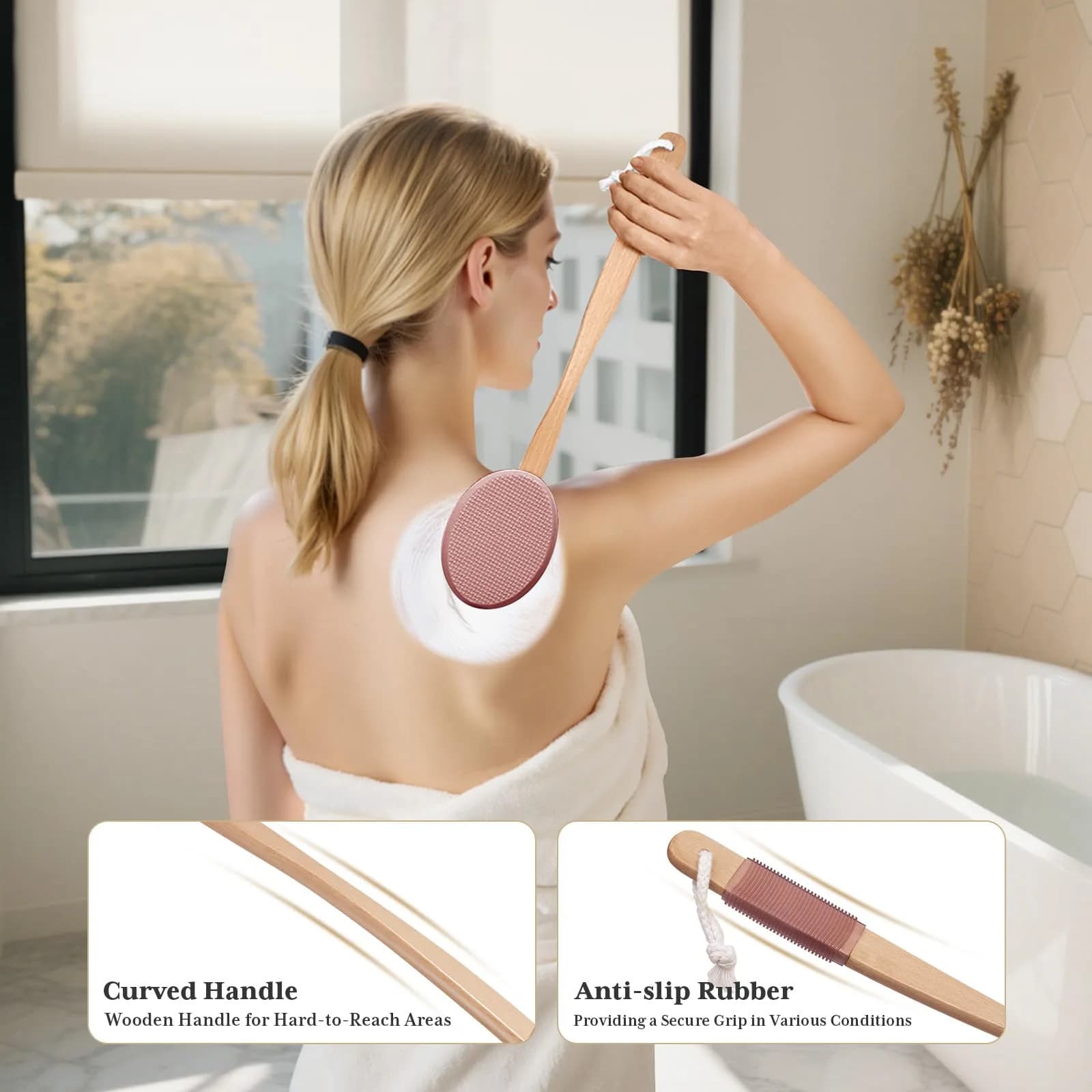AmazerBath Lotion Applicator Coffee Pink with 4 Replacement Pads | Curved Handle for Back & Feet - view 5