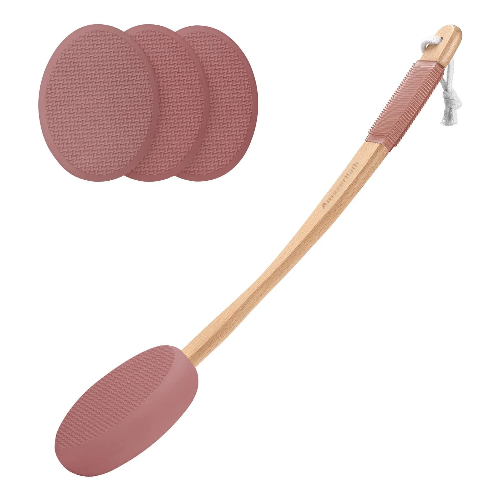 AmazerBath Lotion Applicator Coffee Pink with 4 Replacement Pads | Curved Handle for Back & Feet - main product image