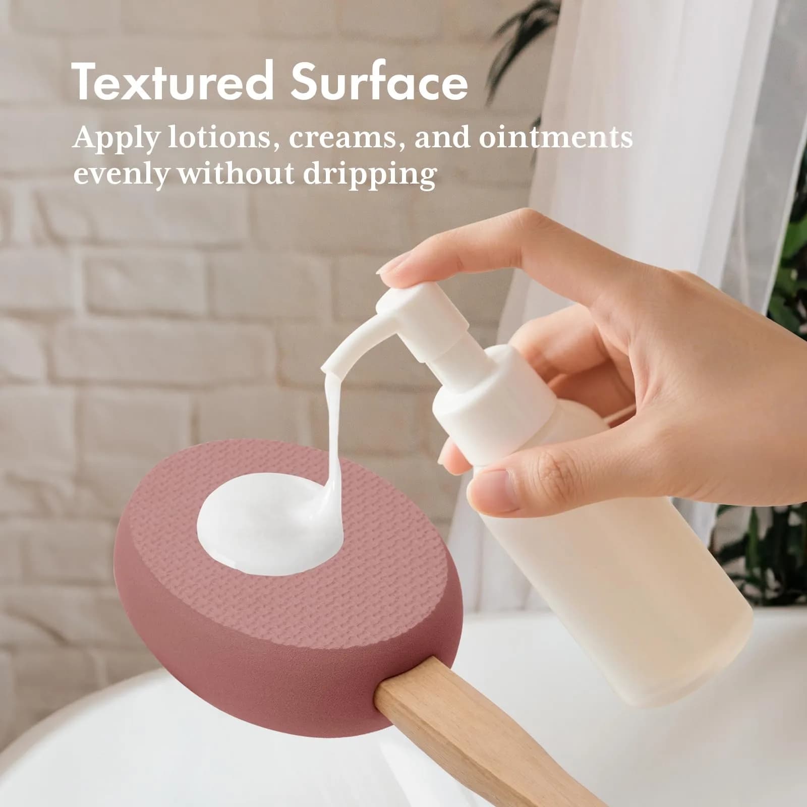 AmazerBath Lotion Applicator Coffee Pink with 4 Replacement Pads | Curved Handle for Back & Feet - view 3