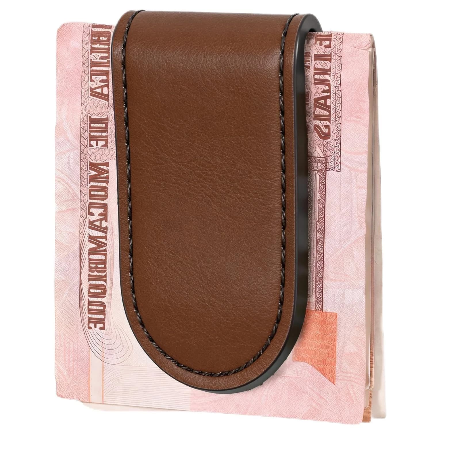 Hpmjz Slim Magnetic Money Clip Leather Business Card Holder for Men Black | Compact & Durable — Brown