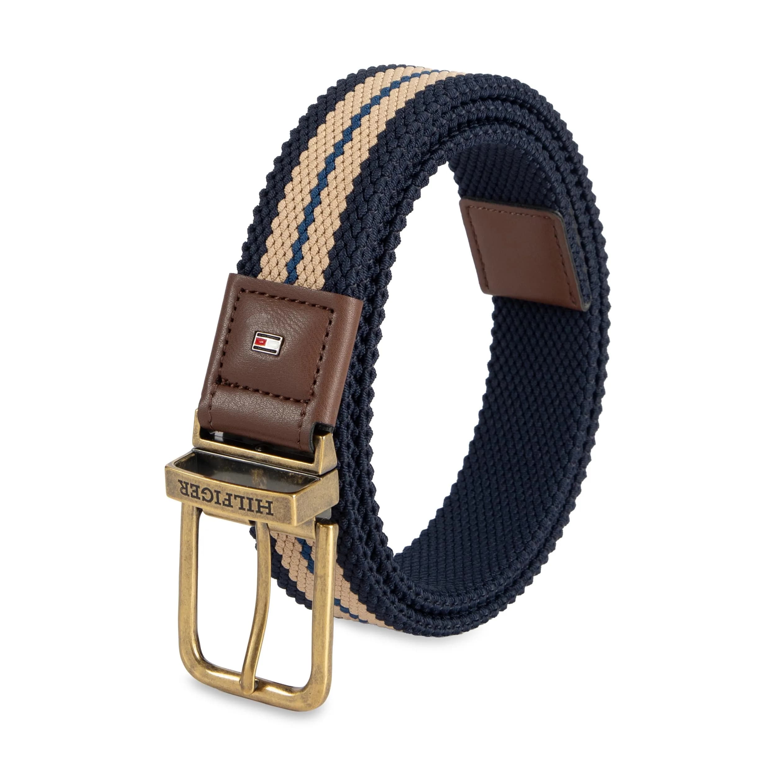 Tommy Hilfiger Men's Reversible Fabric Stretch Belt, Tan/Navy, Small - main product image