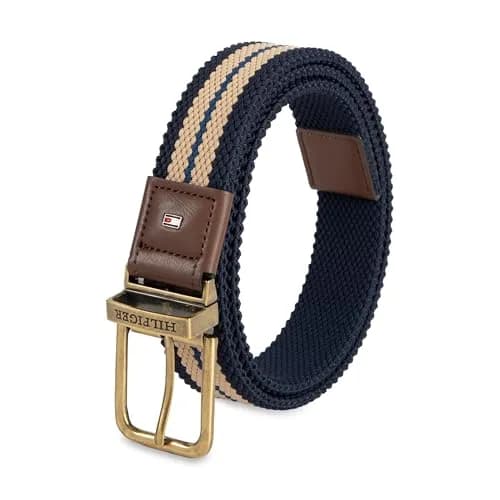 Tommy Hilfiger Men's Reversible Fabric Stretch Belt, Tan/Navy, X-Large thumbnail 1