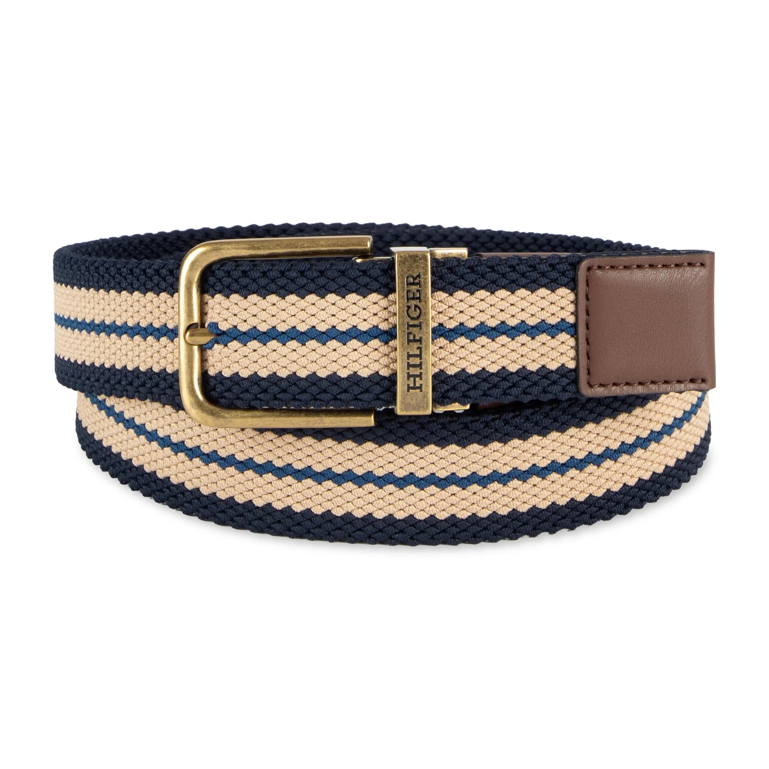 Tommy Hilfiger Men's Reversible Fabric Stretch Belt, Tan/Navy, X-Large thumbnail 2