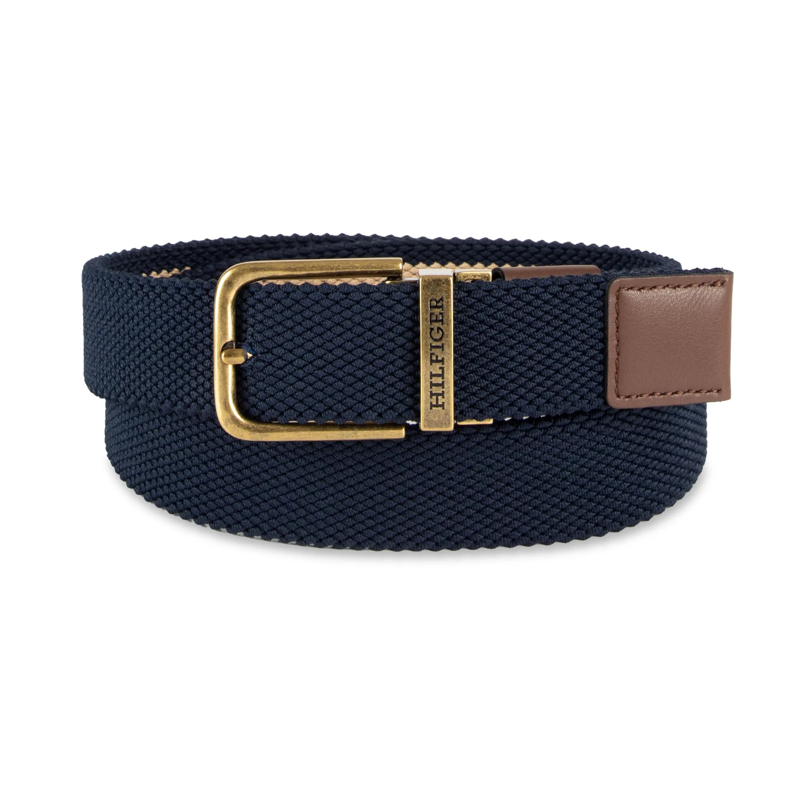 Tommy Hilfiger Men's Reversible Fabric Stretch Belt, Tan/Navy, X-Large thumbnail 3