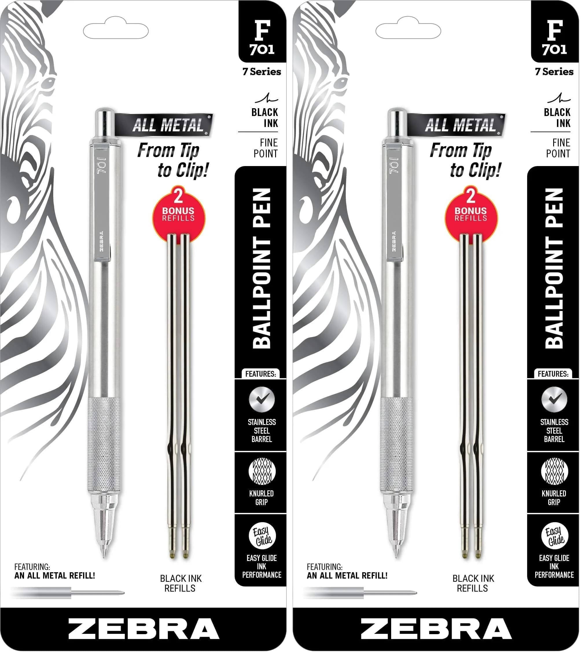 Zebra Pen F-701 Retractable Ballpoint Pen 0.8mm | Stainless Steel Barrel, Black Ink, Pack of 2