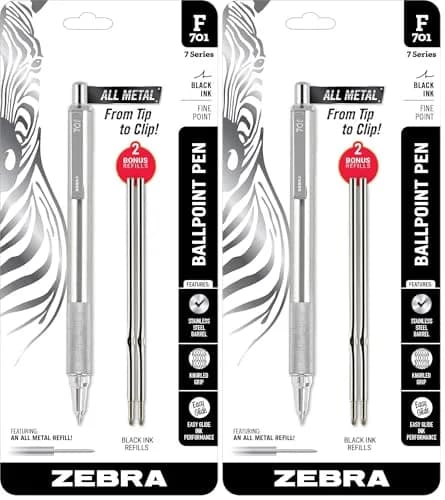 Zebra Pen F-701 Retractable Ballpoint Pen 0.8mm | Stainless Steel Barrel, Black Ink, Pack of 2 thumbnail 1